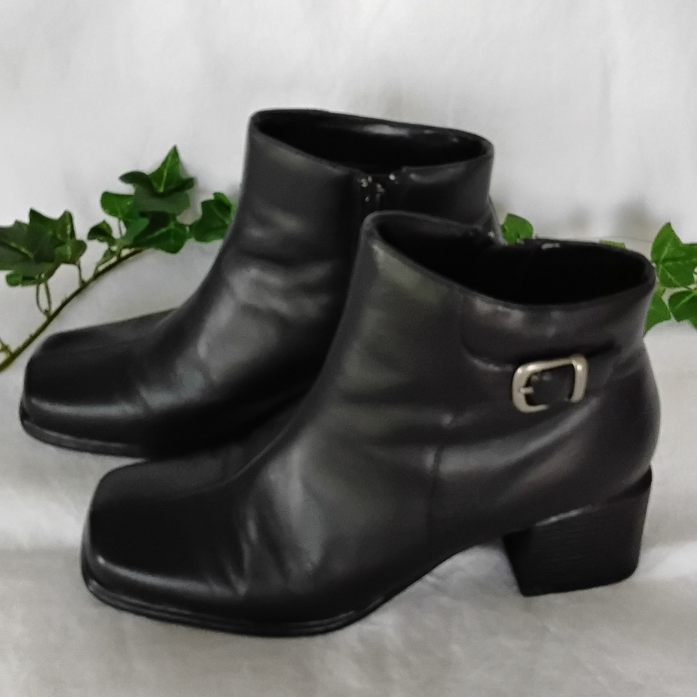 Predictions Black Leather Ankle Booties with Side Buckle